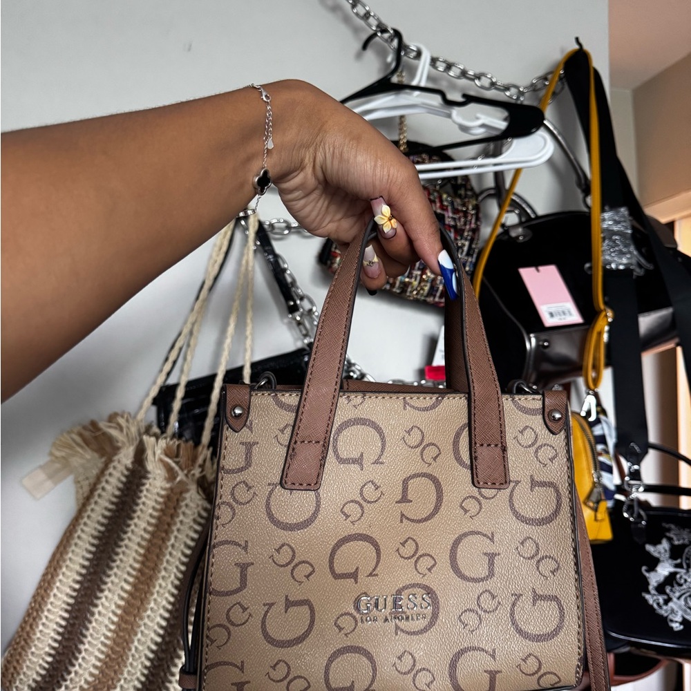 GUESS Signature Monogram Tote with Brown Leather Trim